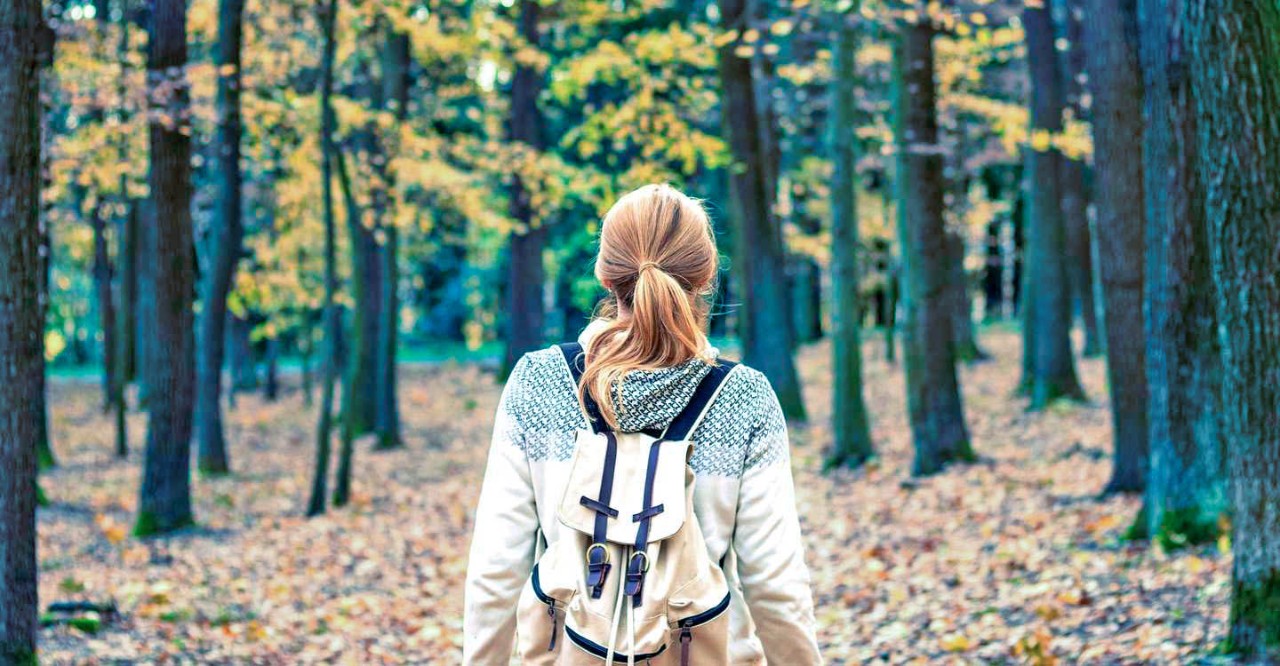 achterkant van vrouw met rugzak die in bos wandelt
